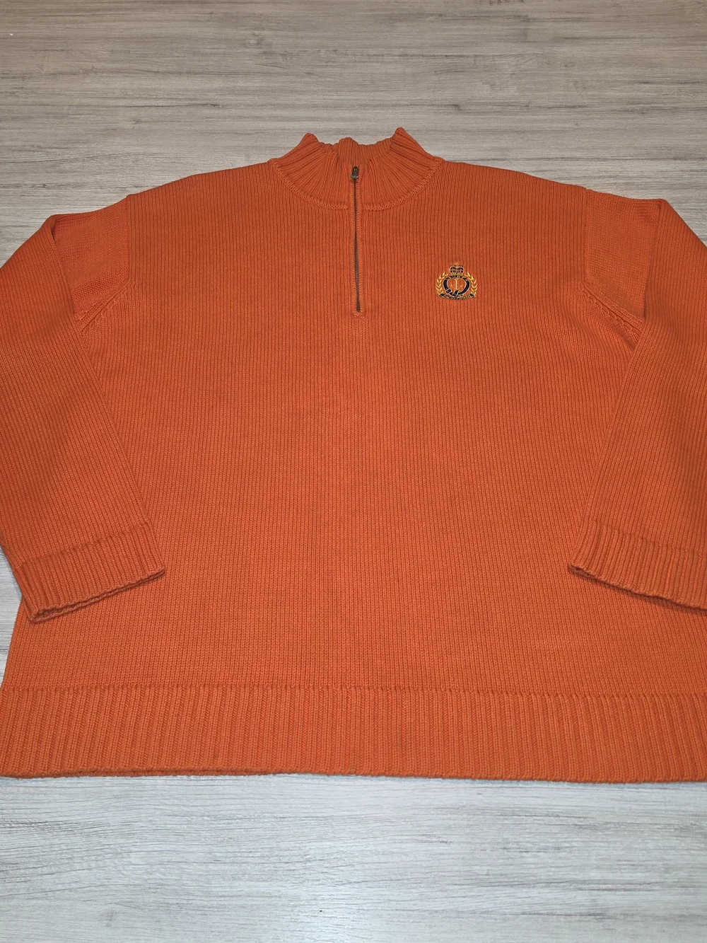 Vtg Lauren Ralph Lauren 1/4 Zip Sweater Men's Orange Anchor & Crown Logo Size L